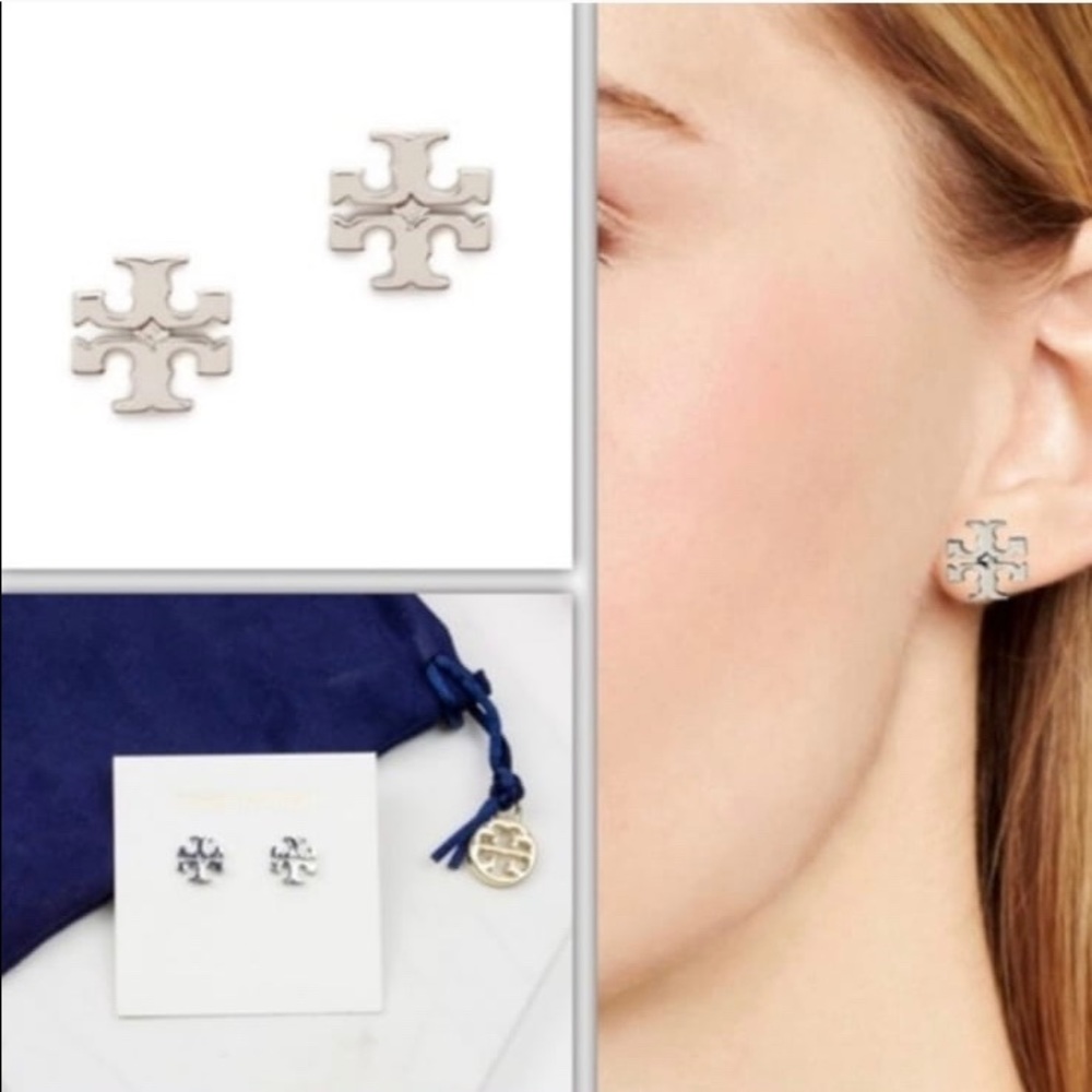silver tory burch logo stud earrings